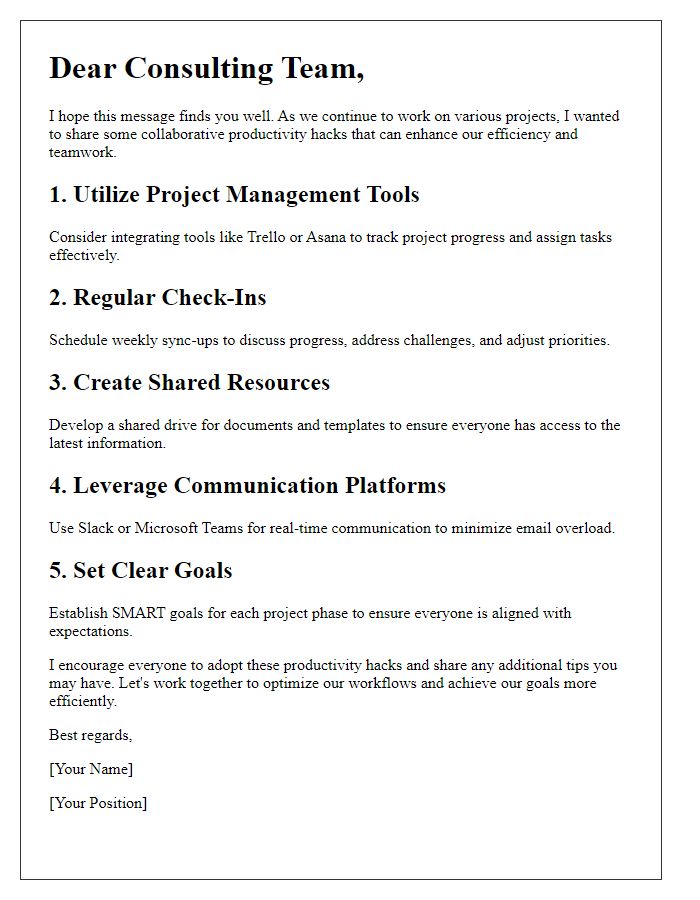Letter template of collaborative productivity hacks for consulting teams.