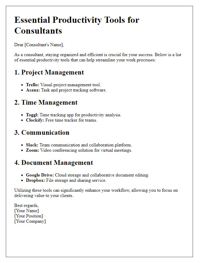 Letter template of essential productivity tools for consultants.