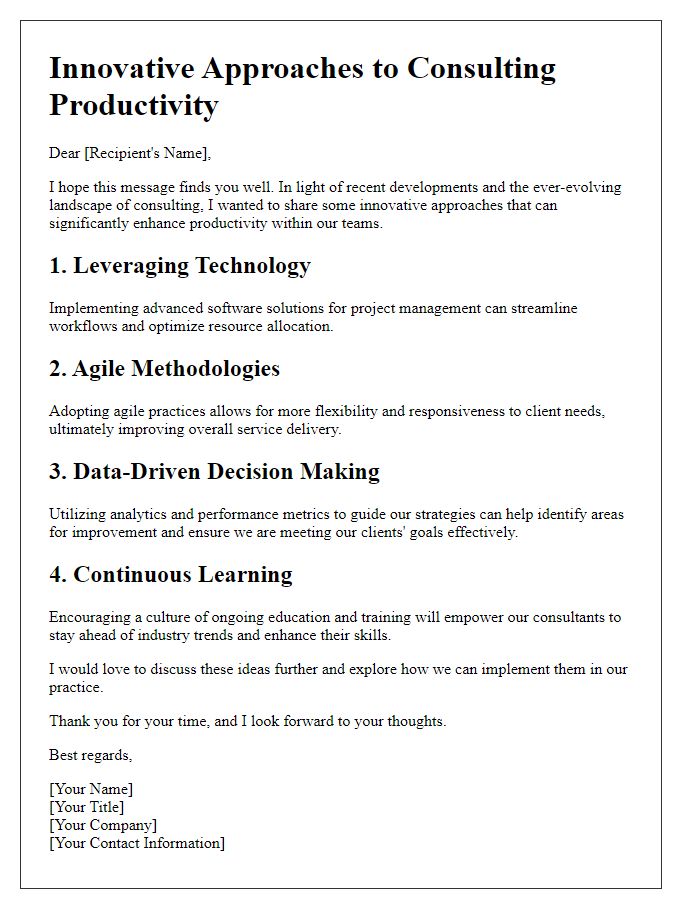 Letter template of innovative approaches to consulting productivity.