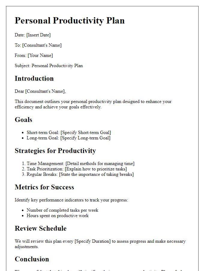 Letter template of personal productivity plans for consultants.