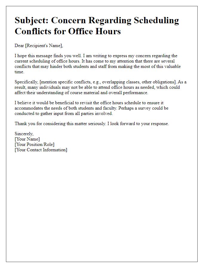 Letter template of concern regarding scheduling conflicts for office hours