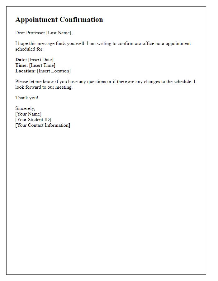 Letter template of confirmation for office hour appointment with professor