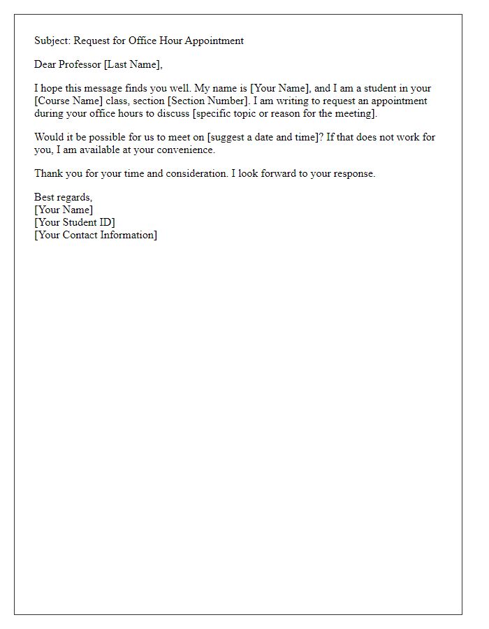 Letter template of request for professor office hour appointment