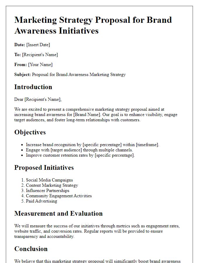 Letter template of marketing strategy proposal for brand awareness initiatives.