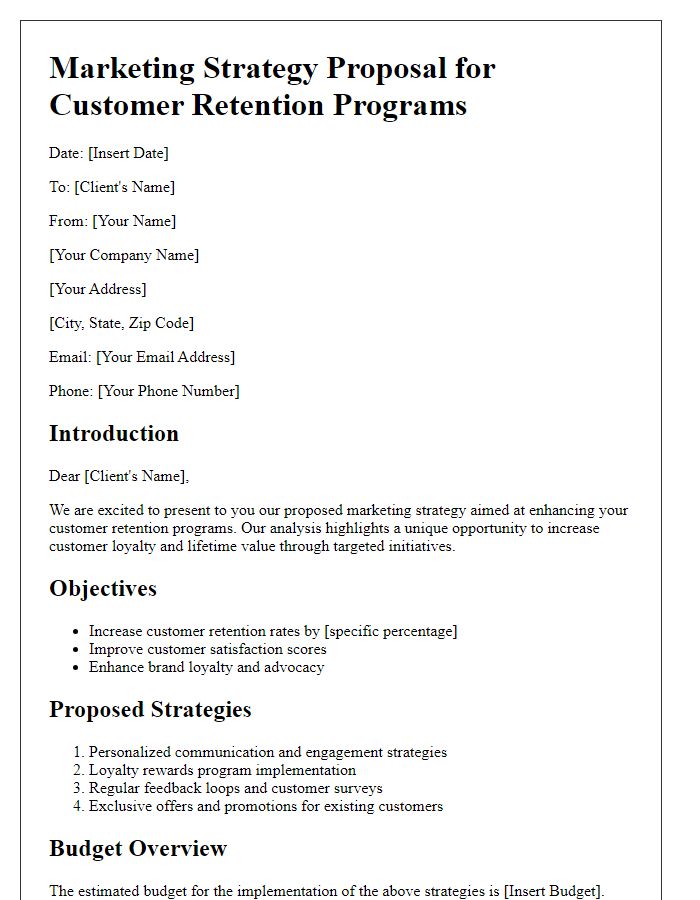 Letter template of marketing strategy proposal for customer retention programs.