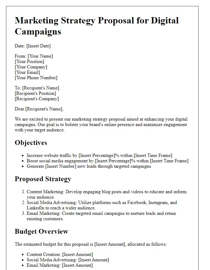 Letter template of marketing strategy proposal for digital campaigns.