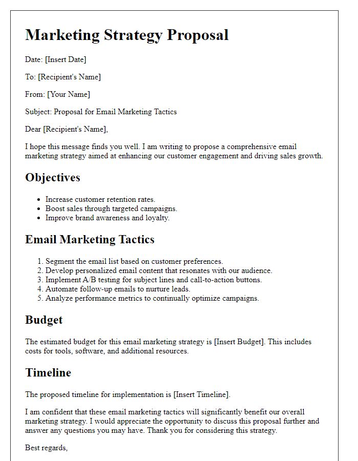 Letter template of marketing strategy proposal for email marketing tactics.