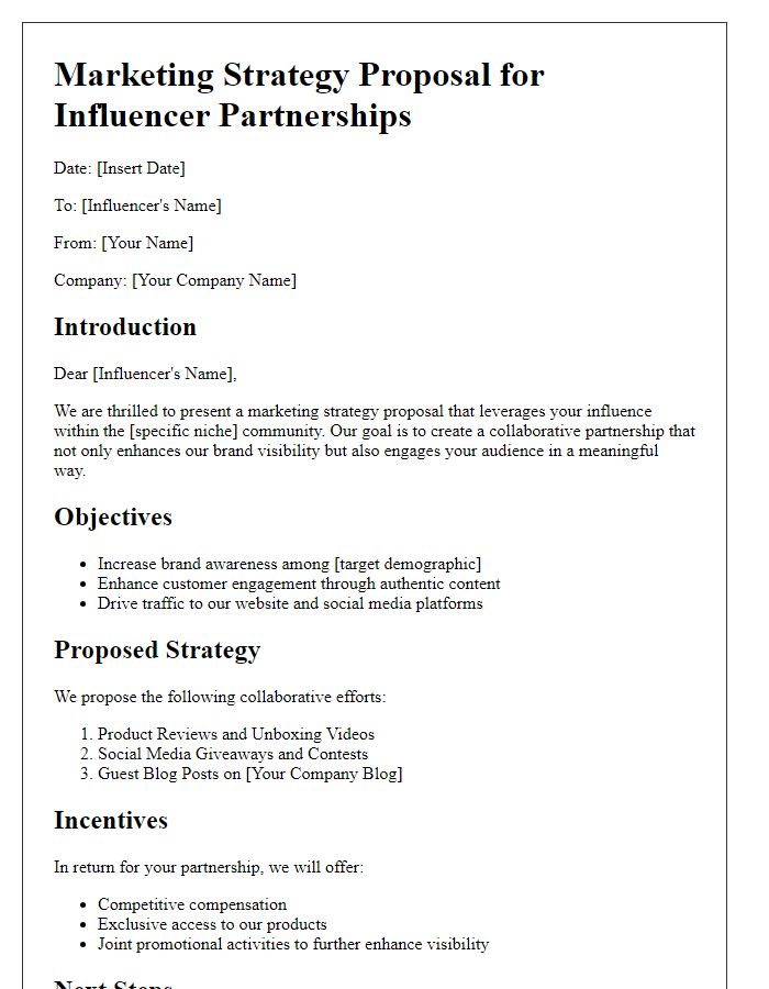 Letter template of marketing strategy proposal for influencer partnerships.