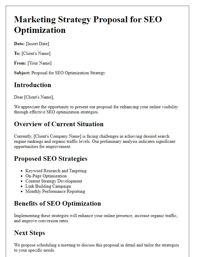 Letter template of marketing strategy proposal for SEO optimization efforts.