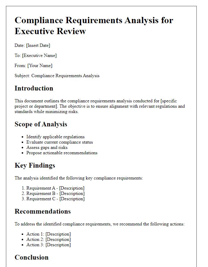 Letter template of compliance requirements analysis for executive review