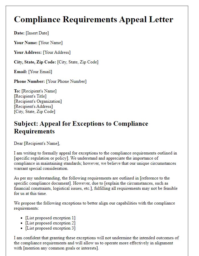 Letter template of compliance requirements appeal for exceptions