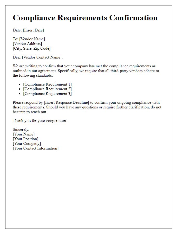 Letter template of compliance requirements confirmation for third-party vendors