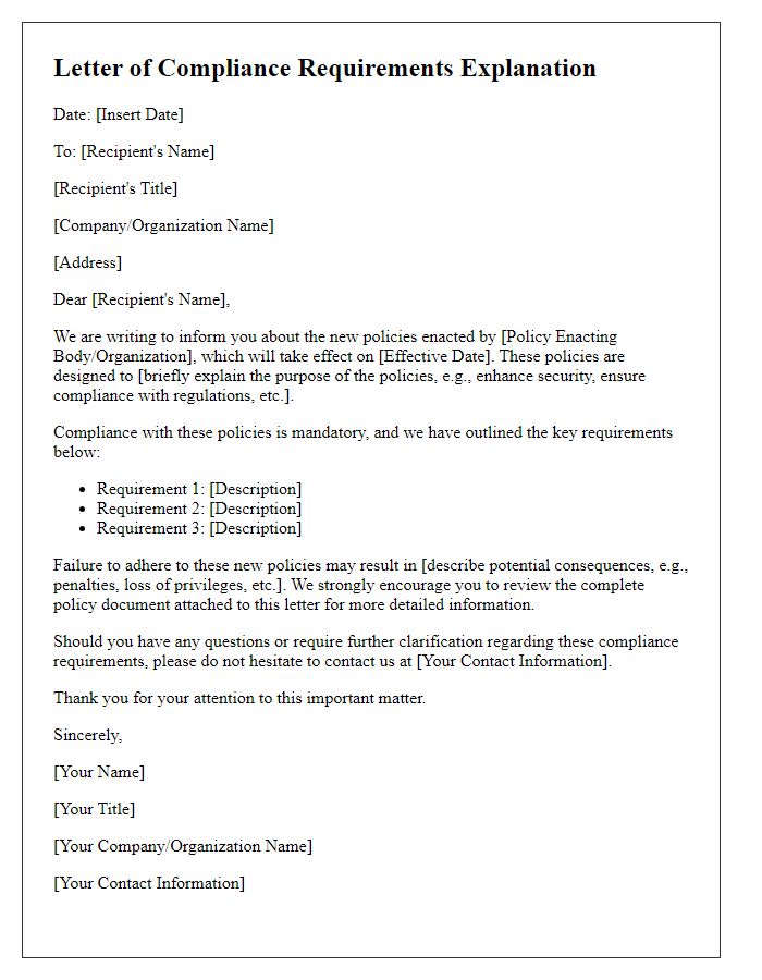 Letter template of compliance requirements explanation for new policies