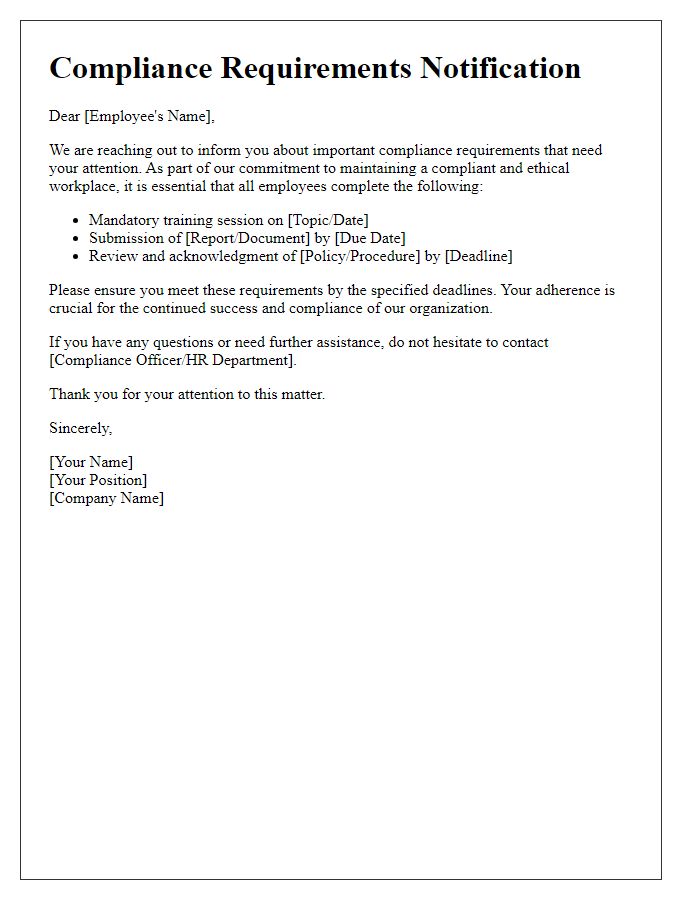 Letter template of compliance requirements notification for employees