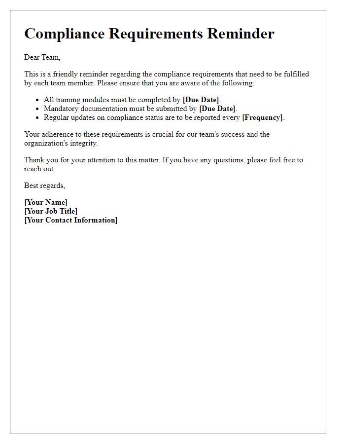 Letter template of compliance requirements reminder for team members