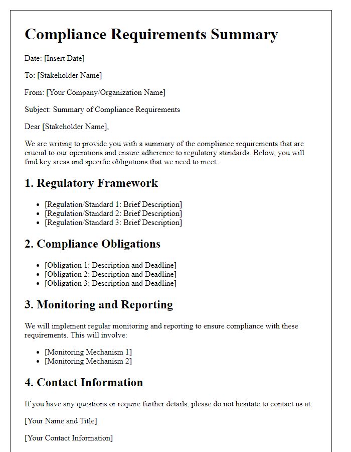 Letter template of compliance requirements summary for stakeholders