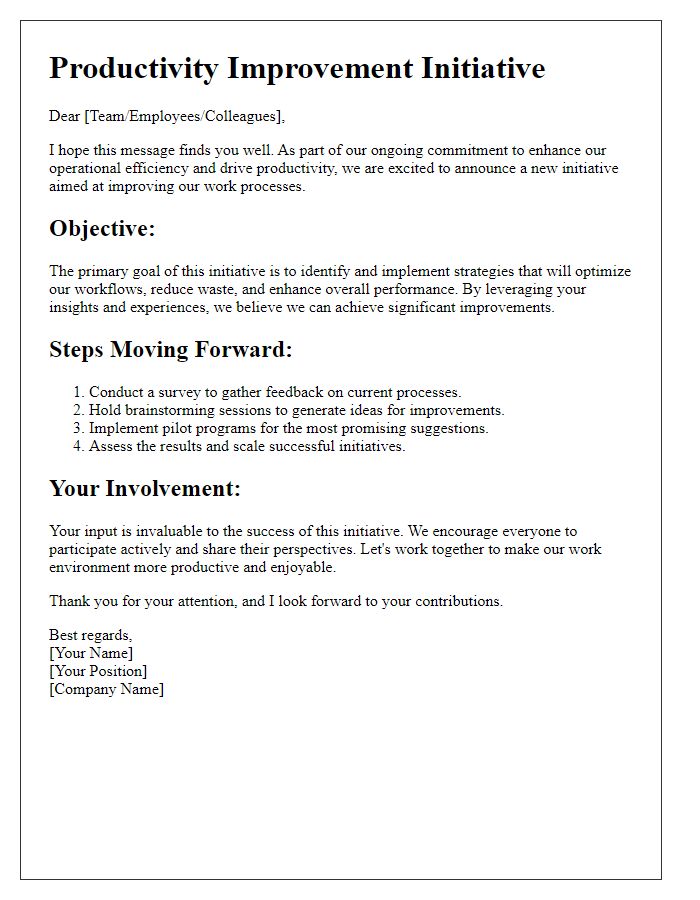 Letter template of productivity improvement initiative