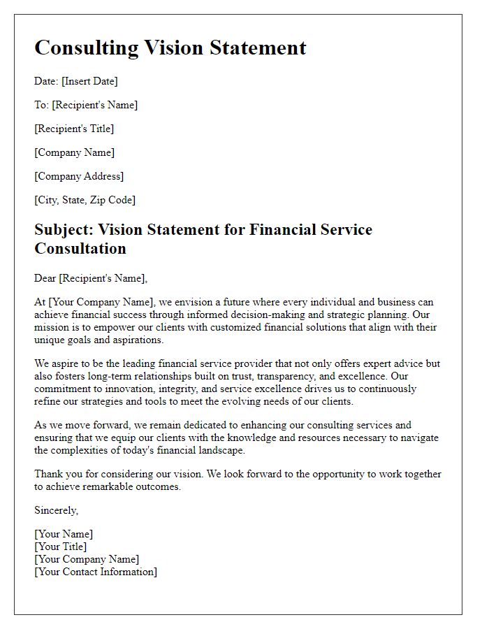 Letter template of a consulting vision statement for a financial service provider.