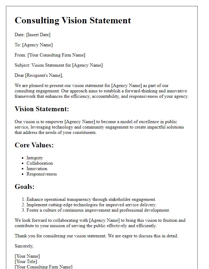 Letter template of a consulting vision statement for a government agency.