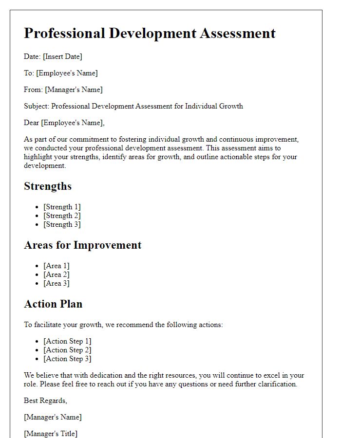 Letter template of professional development assessment for individual growth