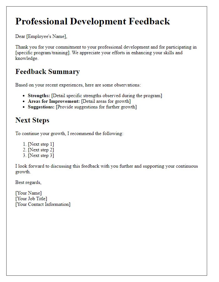 Letter template of professional development feedback for continuous growth