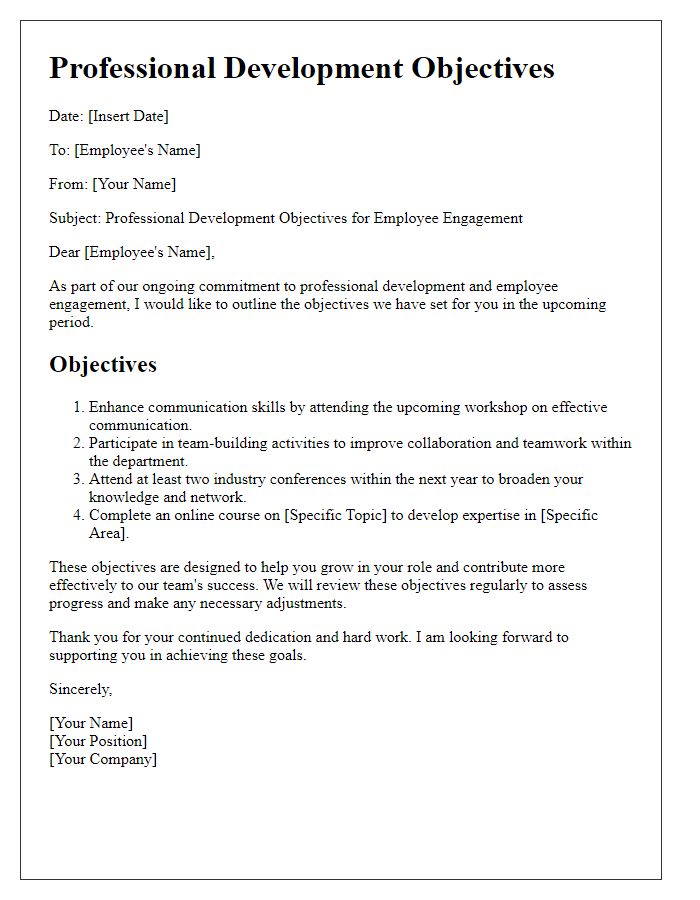 Letter template of professional development objectives for employee engagement