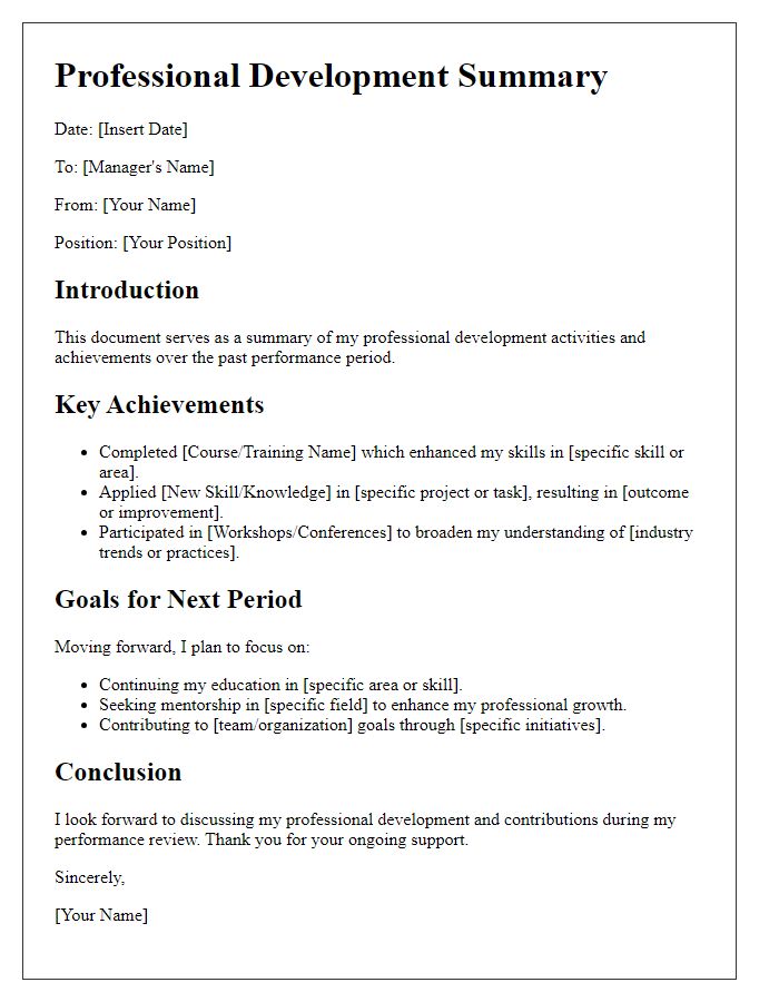 Letter template of professional development summary for performance review