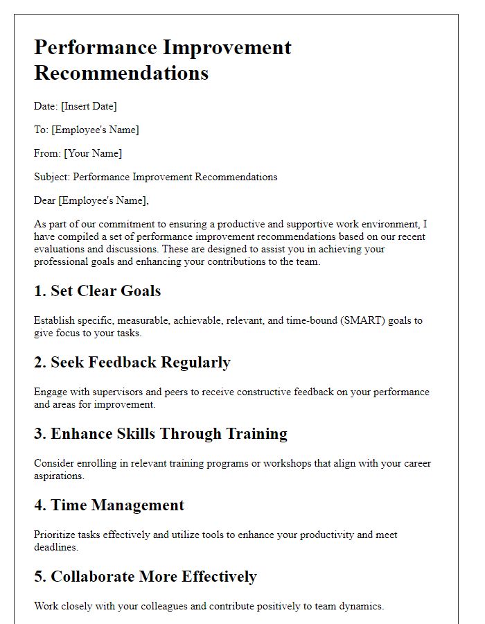 Letter template of performance improvement recommendations