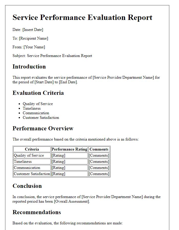 Letter template of service performance evaluation report