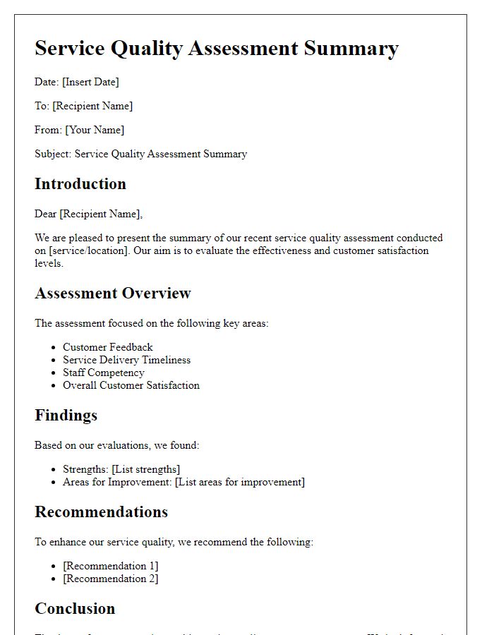 Letter template of service quality assessment summary