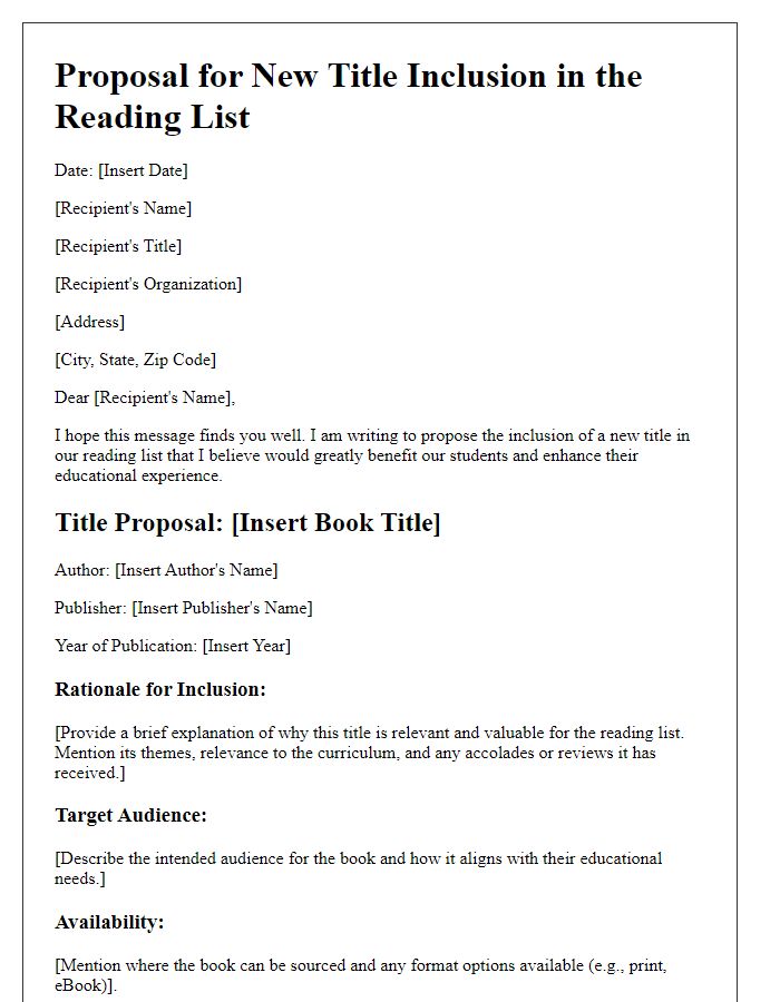 Letter template of proposal for new title inclusion in the reading list.