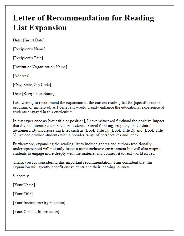 Letter template of recommendation for reading list expansion.