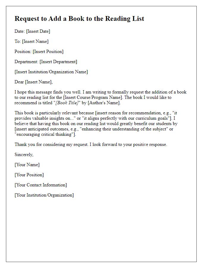 Letter template of request for adding a book to the reading list.