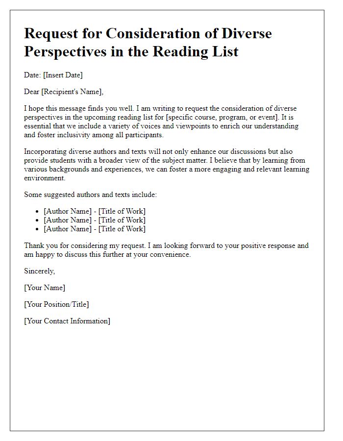 Letter template of request for consideration of diverse perspectives in the reading list.