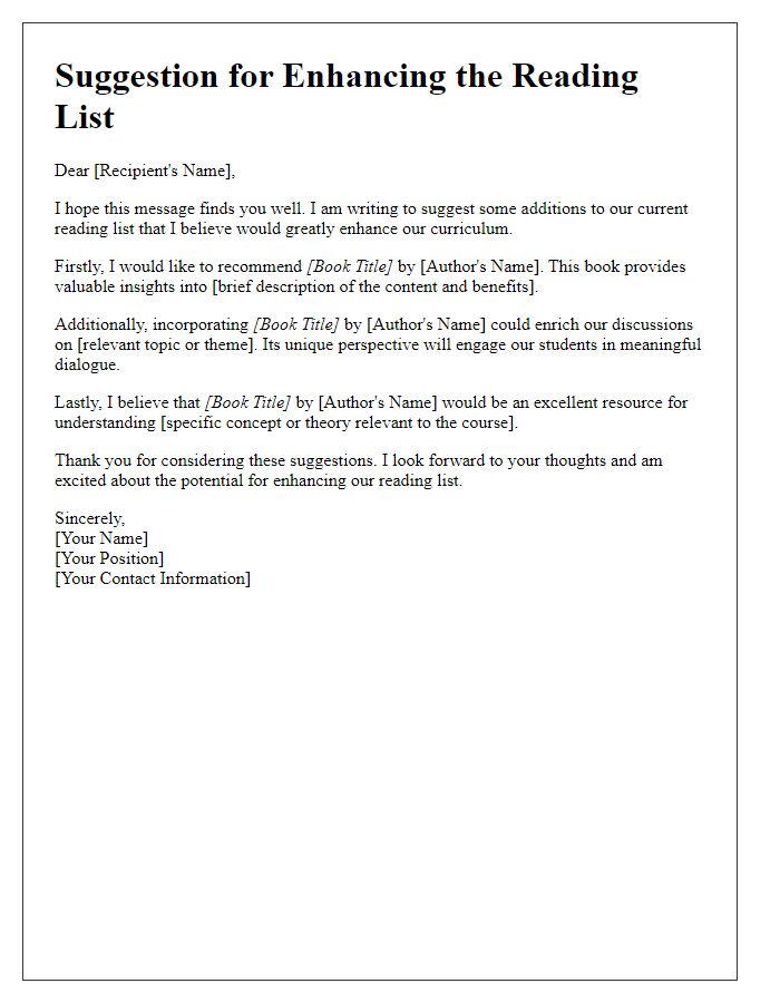 Letter template of suggestion for enhancing the reading list.