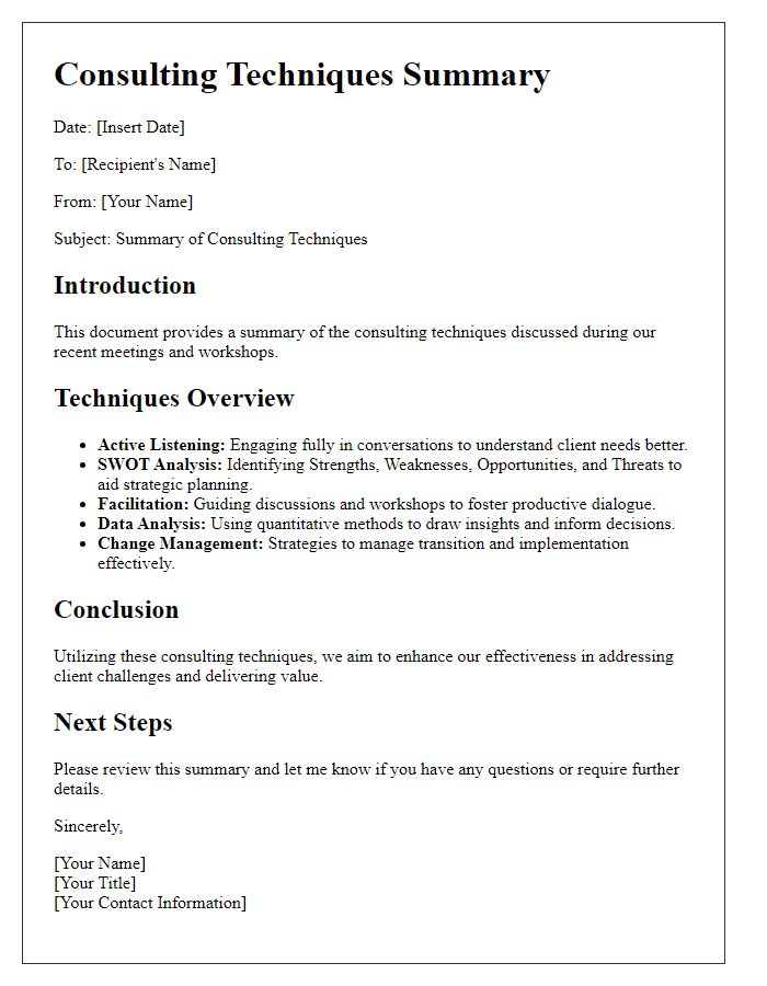 Letter template of consulting techniques summary.