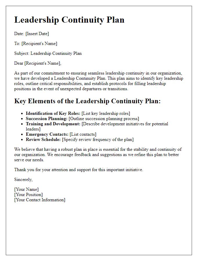 Letter template of leadership continuity plan