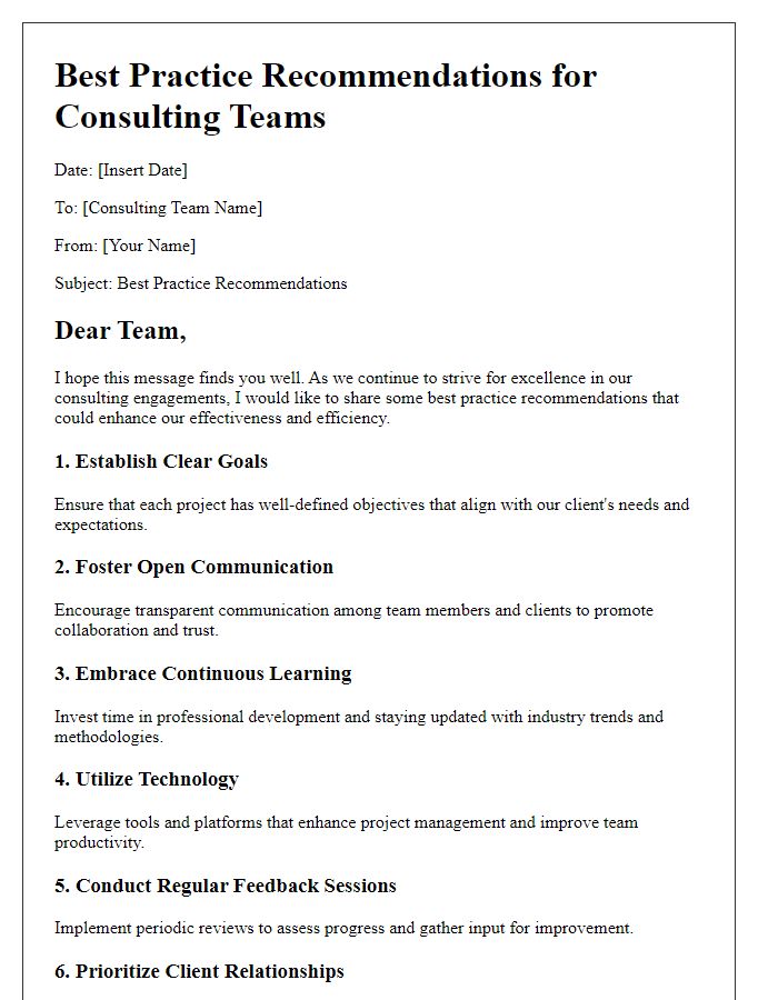 Letter template of best practice recommendations for consulting teams.