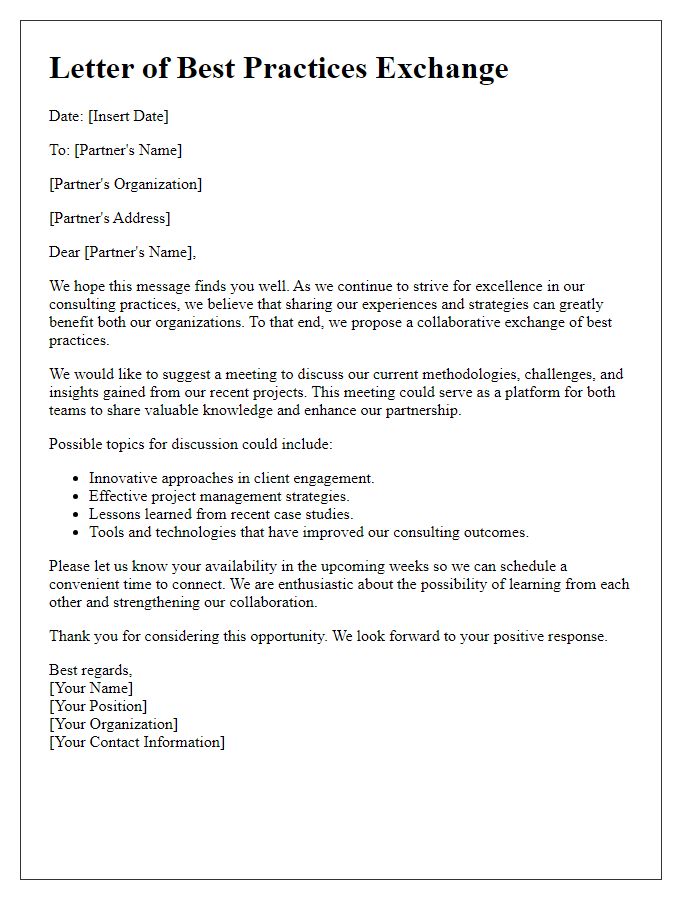 Letter template of consulting best practices exchange among partners.