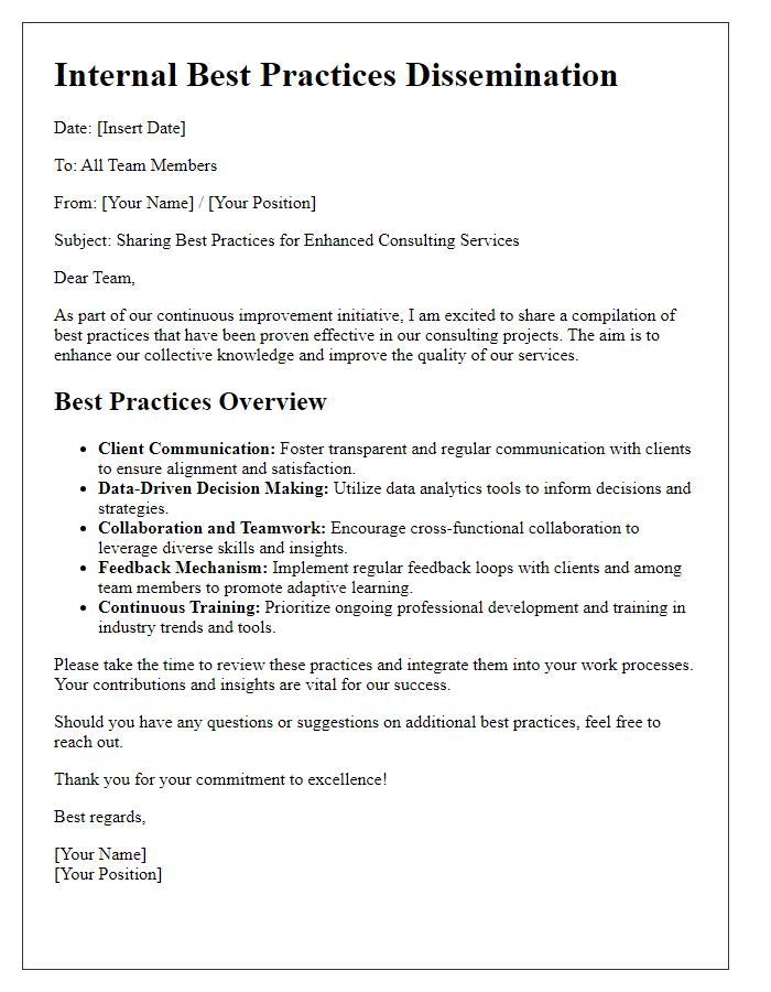 Letter template of internal best practices dissemination in consulting.