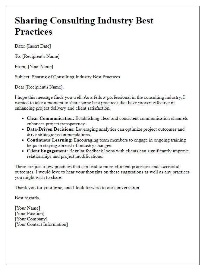 Letter template of sharing consulting industry best practices.