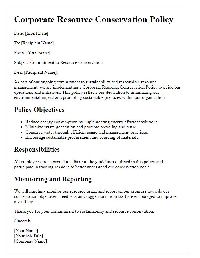 Letter template of corporate resource conservation policy