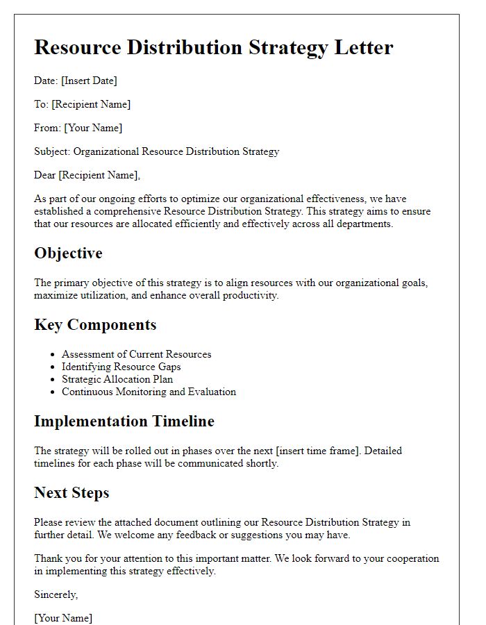 Letter template of organizational resource distribution strategy