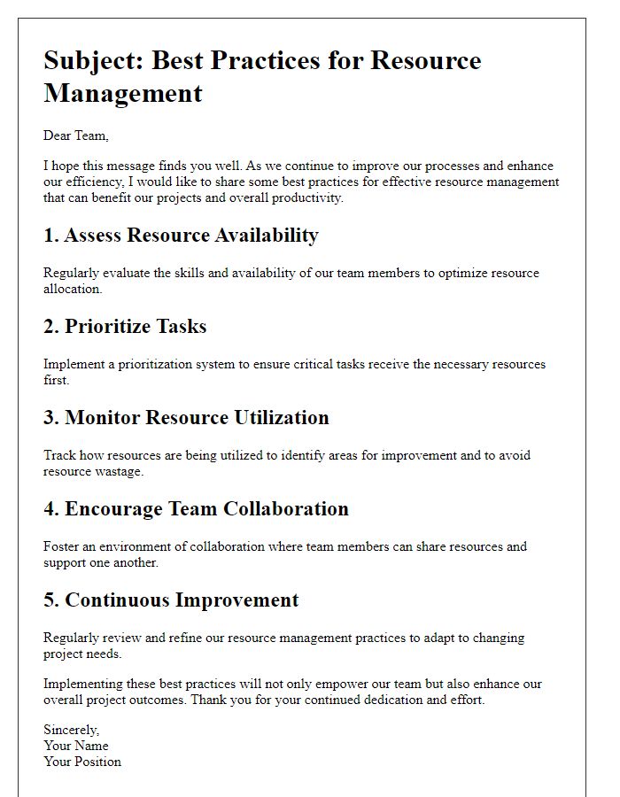 Letter template of resource management best practices