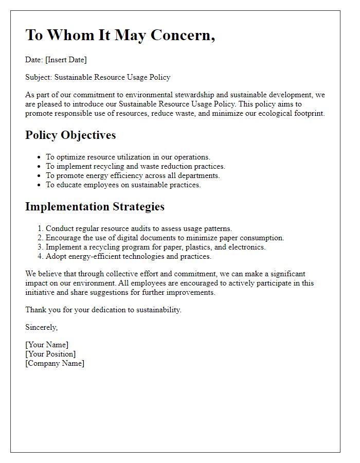 Letter template of sustainable resource usage policy