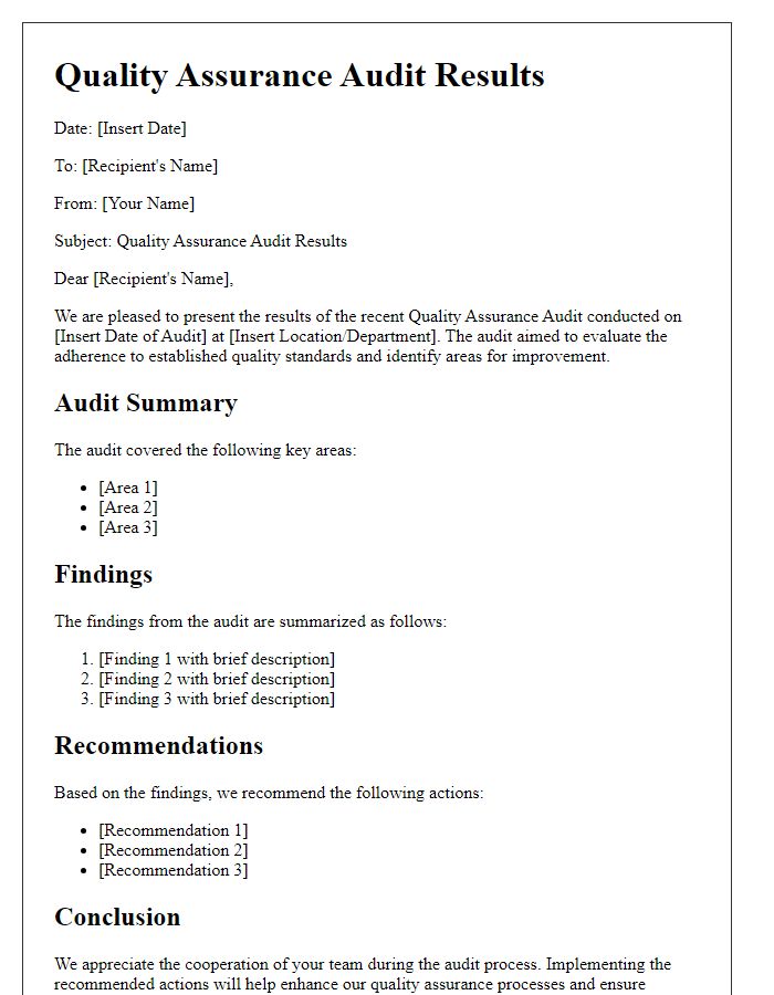 Letter template of quality assurance audit results