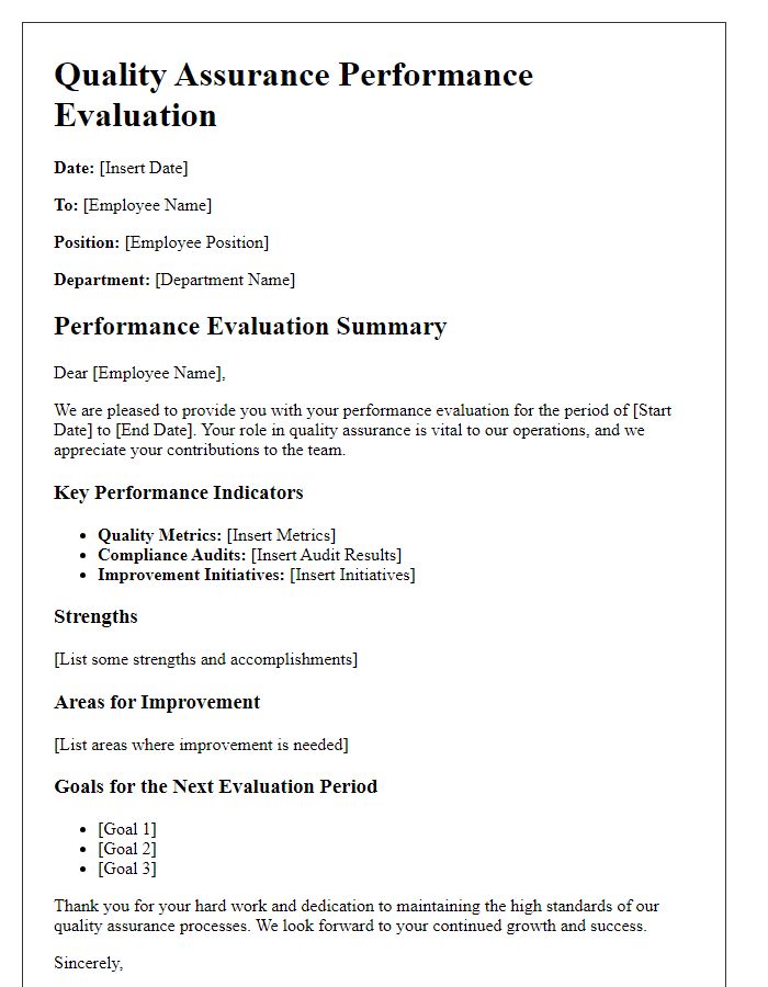 Letter template of quality assurance performance evaluation