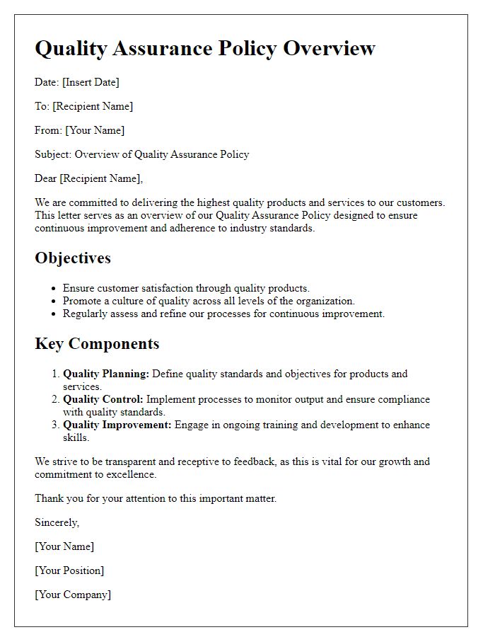 Letter template of quality assurance policy overview