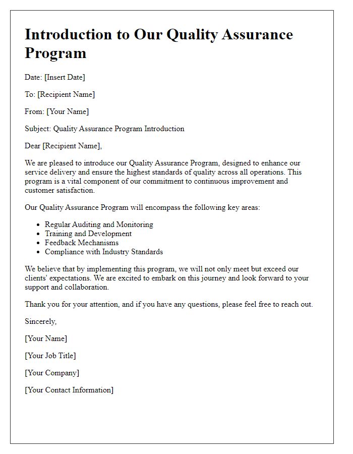 Letter template of quality assurance program introduction