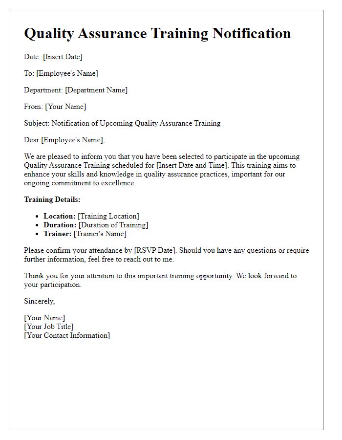 Letter template of quality assurance training notification